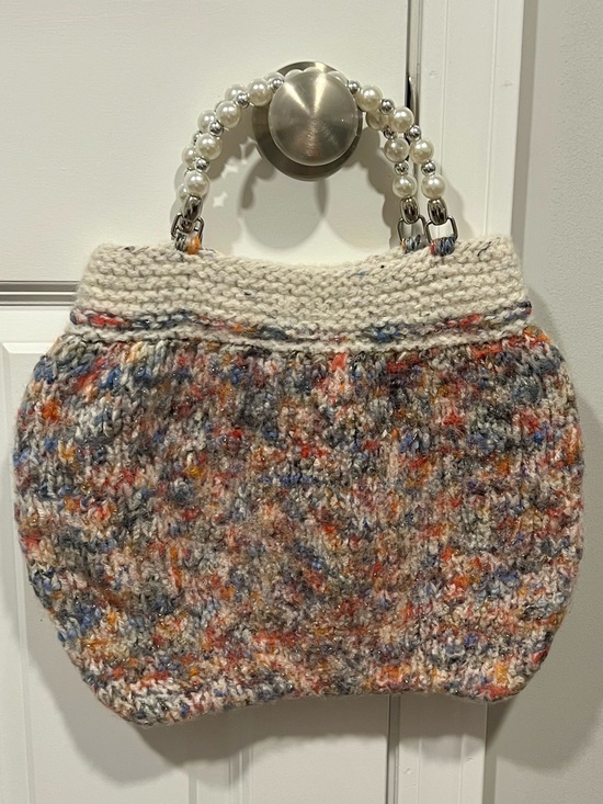 Handbags - Knitted Multicolor Handbag with Faux Pearl and Silver Beaded Handle